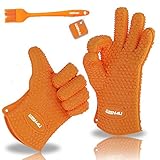 WISH4U Silicone BBQ /Cooking & Baking Gloves Non-Slip Potholders -Internal finger thicken heat resistant layer Oven Mitts for Grilling, Kitchen–Safe Handling of Pots & Pans –Basting & Pastry Brush