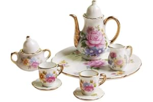 SXFSE Dollhouse Decoration Kitchen Accessories, 8pcs Dining Ware Porcelain Tea Cup Set Pink Dish Cup Plate with Golden Trim 1/6 Dollhouse Miniature