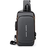 PEAGLOB Travel Sling Bag Waterproof Crossbody Bag with Combination Lock Anti-Theft PU Leather Chest Bag