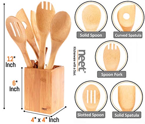 Organic Bamboo Cooking Utensils Set, Unique Elevation Feature, 6 Piece Set, Wooden Spoons Spatula, Kitchen Utensil Set, High Heat Resistant, Wood Serving Spoon, Eco-Friendly & Biodegradable Gift Idea