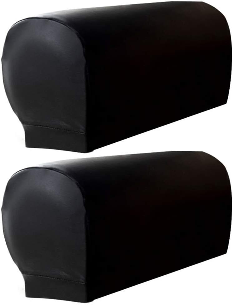 Sofa Armrest Cover,Stretchy Chair Arm Cover,PU Leather Sofa Slipcovers Waterproof Armrest Protector for Sofa Accessories (Black Without Button)