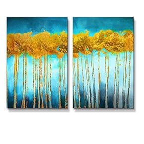 2 Panel Oil Painting Style Abstract Golden Trees...
