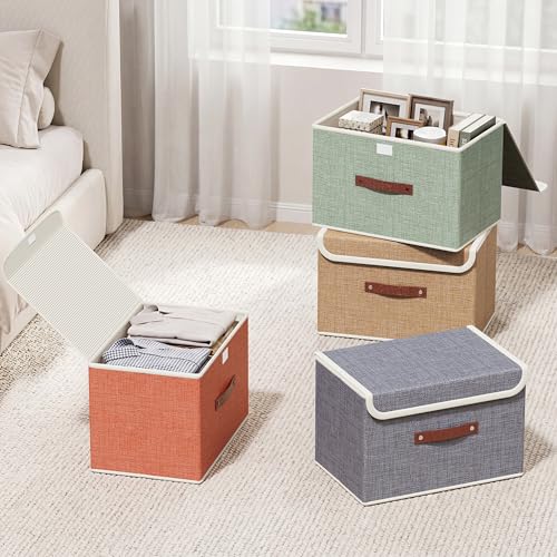 gaobaidu Set of 4 Foldable Fabric Storage Bins with Lid and Handles, Foldable Closet Organizer and Basket for Clothes, Toys, Books, Photos | 38x25x25cm (Set of Four Colors)