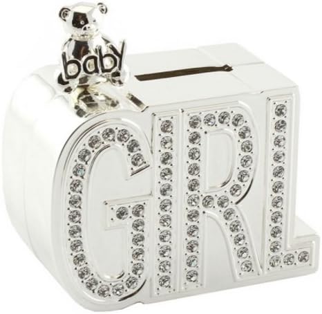 Girl Diamante Money Box Silver Plated Christening Gift Baby Savings Coins New