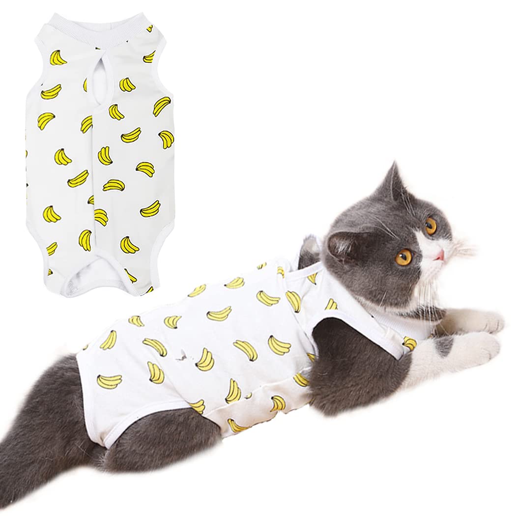 Cat Professional Surgery Recovery E-Collar Alternative, Cotton Breathable Sterilization Suit for Abdominal Wounds, Pajama for Kitten Anti-Biting Licking - Banana/L(7.5-10 lbs)