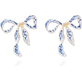 Blue and White Bow Earrings for Women Enamel Ribbon Earrings Cute Colorful Porcelain Bow Stud Earrings Jewelry