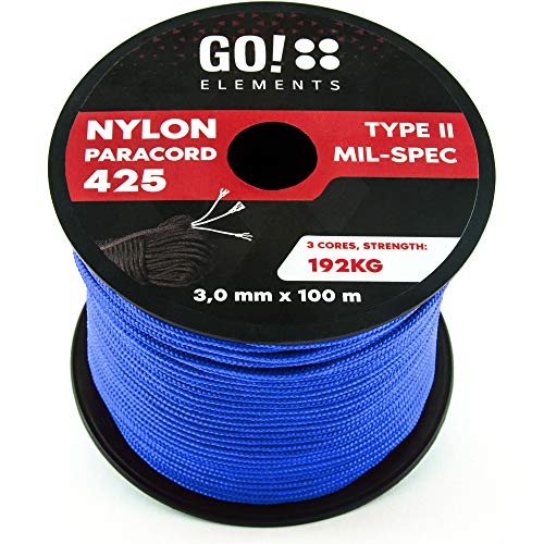 GO!elements 100m Paracord rope made of tearproof nylon - 3mm Paracord 425 type II lines as outdoor rope, all-purpose rope, survival rope, bracelet, dog leash - nylon line max. 192kg, Color:Blue