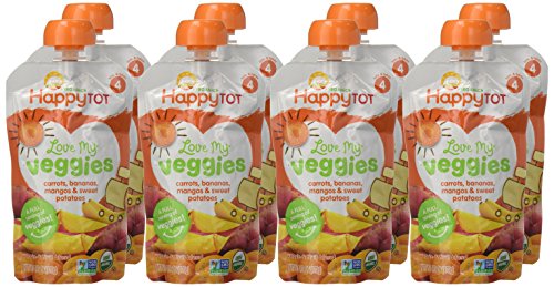 HAPPY TOT ORGANICS STAGE 4 BABY FOOD POUCHES, GLUTEN FREE, VEGAN SNACK, LOVE MY VEGGIES, FRUIT & VEGGIE PUREE, CARROT, BANANA, MANGO & SWEET POTATO, 4.22 OUNCE (PACK OF 8)