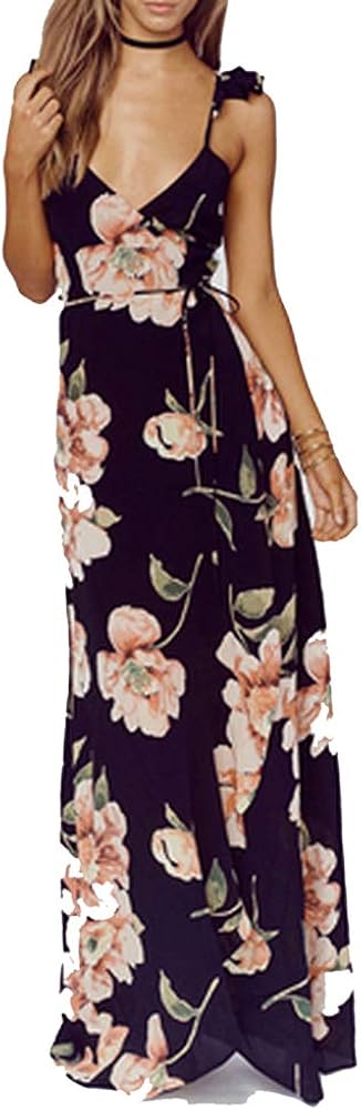 Floral Printed V Neck Sleeveless Maxi Backless Split Tie Waist Party Club Dress Casual Bohemian Dresses