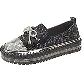 ZJWBB Women's Platform Rhinestones Cute Bow Slip on Sneaker Comfort Non Slip Low Heel Walking Shoes Casual Slip On Loafers