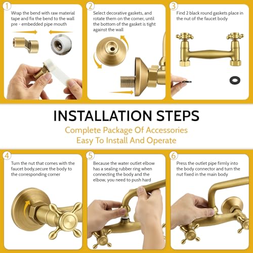 Antique Brass Wall Kitchen Tap, 360° Rotation Sink Mixer, Bathroom Sink Tap with Cross Knobs and Swivel Spout, Wall Kitchen Tap for Bathroom, Kitchen, Laundry