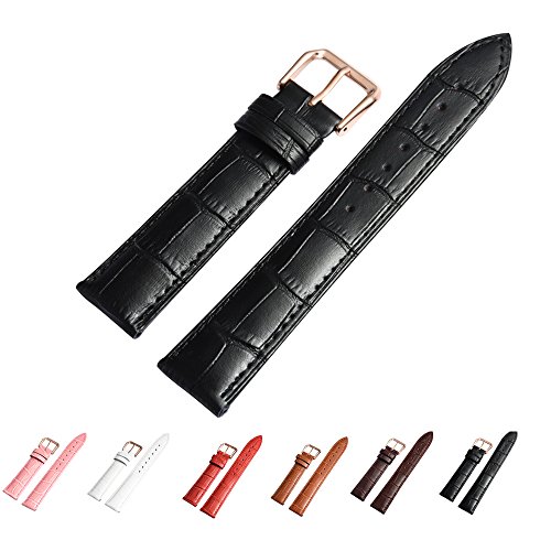 Leather Watch Band with Rose Gold Watch Buckle - Choices of Color & Width (18mm,20mm or 22mm) Genuine Cowhide Interchangeable Strap(20mm,Black)