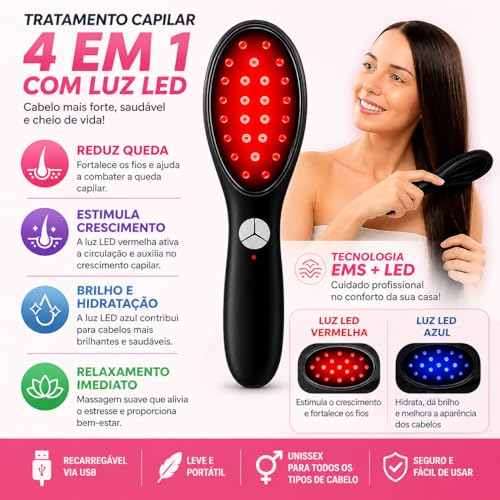 Escova Elétrica Massageadora Capilar com Luz LED – Estimula Crescimento, Reduz Queda e Frizz – Relaxamento e Brilho para Todos os Tipos de Cabelo