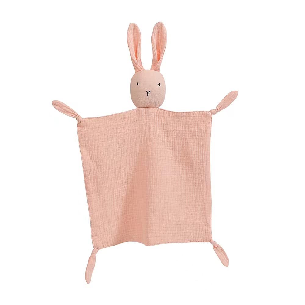 GERUI Comfort Blanket, Cuddly Blanket with Rabbit Head, Double Layer Tulle Made of 100% Organic Cotton, Baby Gift for Birth Boy and Girl. (Pink)