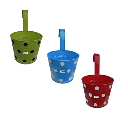 Kraftsplanet Garden Decor Set of Three Polka Paint Design Metal Railing planters with Detachable Hooks