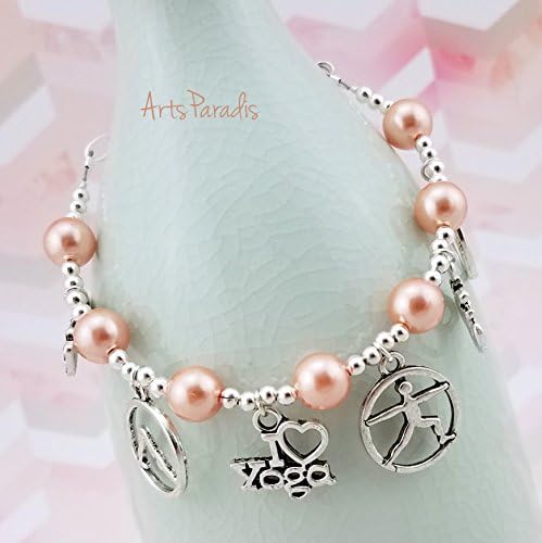 Yoga Lover Silvertone and Peach Glass Pearl Charm Bracelet by ArtsParadis - Namaste Om Exercise