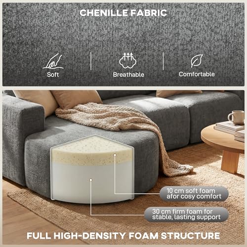 HOMCOM 106" Modular Sectional Sofa with Chaise and Deep Seat, 3-Seater L Shaped Cloud Couch, Upholstered Boneless Couch for Living Room, Bedroom, No Assembly Required, Dark Grey | Curved Foam Chaise