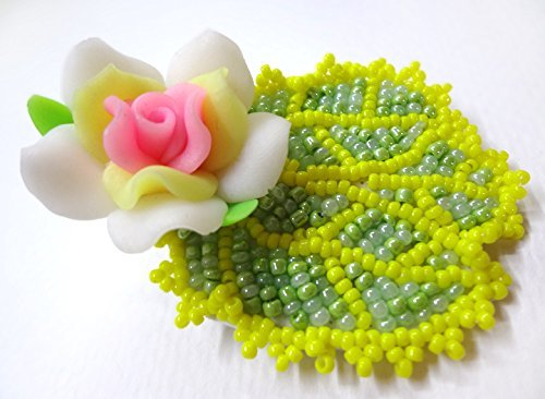 Spring Pastel Beaded Flower Hair Clip Alligator Fascinator in Yellow Green and Pink