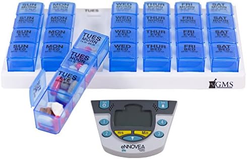 GMS 4x/Day Weekly Pill Organizer (Blue Pill Boxes in White Tray) with VitaCarry 4 Alarm Timer