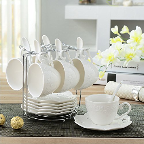 Eglaf Coffee Tea Cup Set Embossed Ceramic (Bone china) and Porcelain Saucers Spoon Bracket 6 - Piece Set (White)