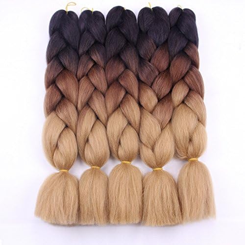 Synthetic Braid Hair 5Pcs Two Tone Ombre Braiding Hair Crochet Braids Jumbo Hair Kanekalon Synthetic Fiber for Twist Synthetic hair Extensions(24 inch, Black/Deep/Light Brown)
