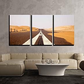 3 Piece Canvas Wall Art - Winding Black Asphalt Road Through The Sand Dunes of Liwa Oasis, United Arab Emirates - Modern Home Art Stretched and Framed Ready to Hang - 16"x24"x3 Panels
