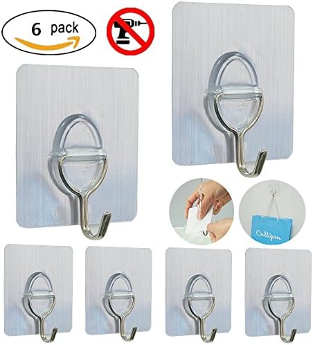 (6 pcs)Reusable Seamless Self Adhesive Hooks,Washable Powerful Hooks(Max.20LB),Multipurpose For Bathroom Bedroom Kitchen Hanging,Stainless Steel Waterproof Oilproof Hooks For Home,Removable Wall Hooks