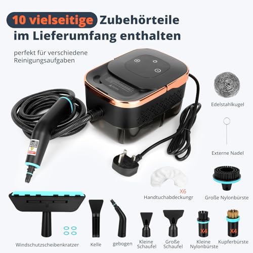 Nettoyeur Vapeur à Main 2500 W – 4 Bars, Chauffe en 15 s, Vapeur à 105°C pour Désinfection, Réservoir 1250 ml, 6 Niveaux de Puissance pour Cuisine, Salle de Bain, Voiture et Carrelag (23 Accessoires)