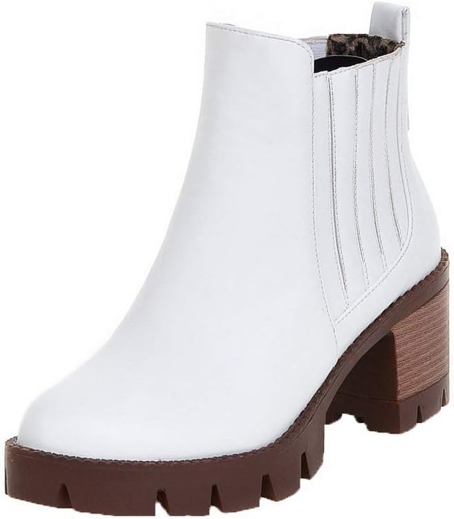 AllhqFashion Women's Pu Round-Toe Solid Low-Top Kitten-Heels Boots, FBUXD024357