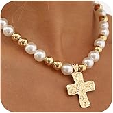 Chunky Gold Big Cross Necklace Statement for Women, Dainty Beaded Pearl Chain Choker Exaggerated Large Cross Pendant Necklaces Party Prom Jewelry Gift