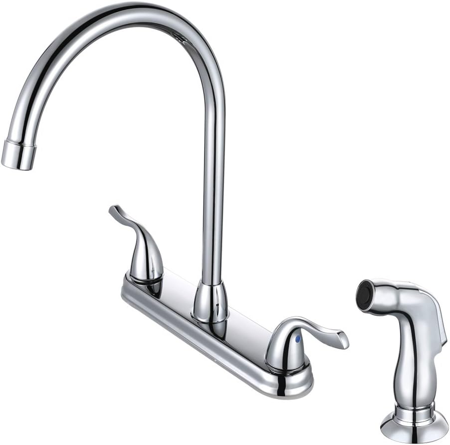 DESFAU Kitchen Sink Faucet with Sprayer, High Arc Swivel Spout 2 Handle Kitchen Faucet,Chrome Plated Finish 8 Inch Kitchen Faucets with Pull Out Side Spray