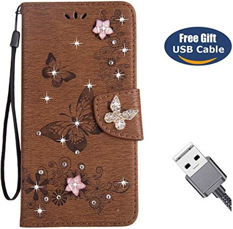 iPhone XS case,iPhone XS flip case,Aireratze Premium Quality PU Leather Flip Case Gliiter 3D Butterfly with Card Holder Ultra Slim Skin 360 Full Protection [Magnetic Closure] Shockproof Wallet Case for Apple iPhone XS（Brown）+ Free USB cable