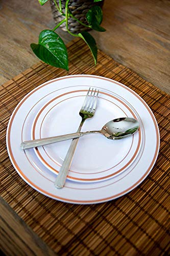 Feros Rose Gold Trim Disposable Plastic Plates | Porcelain Design | Premium Decorative Plasticware Special Occasions | 10.25" Dinner Plates - 7.5" Salad Plates - 60 Total