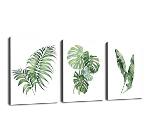 Canvas Wall Art for Bathroom Wall Decor Simple Green Leaf Canvas Prints Bedroom Wall Decor - 3 Panels Framed Wall Pictures Tropical Monstera Plant Banana Leaf Watercolor for Home Office Wall Decor