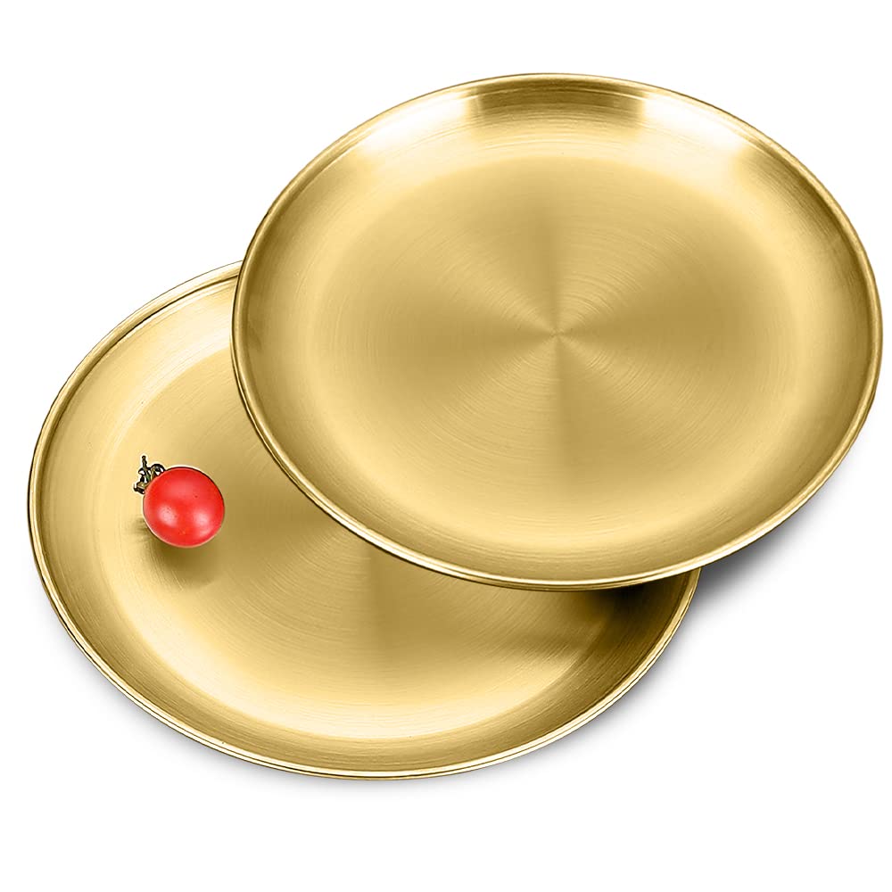 Betinyar 2 Pieces 8 Inch Stainless Steel Round Plate, Metal Camping Plates, Stainless Steel Plates, Reusable Metal Dinner Plates for Outdoor Picnic Camping(Gold, 20cm)