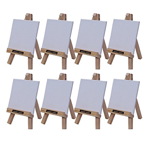 R&M Rubber Wood Mini A-Frame Easel 6" with Canvas 3.5" X 3.5" - Portable Canvas Holder, Superior Quality for Home Decor, Displaying Pictures, Wedding Display (Set of 8)", Aluminium, 2x1.5 (RM-3362)