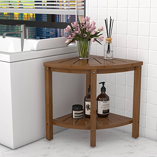 Zhuoyue Bamboo Corner Shower Stool Bench Waterproof with Storage Shelf