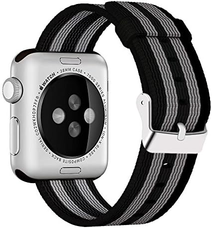 Yichan Woven Nylon Fabric Wrist Strap Replacement Band with Classic Square Stainless Steel Buckle for Apple iWatch Series 1 / 2 / 3,Sport &amp; Edition,38mm,Black Gray Stripes