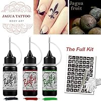 Beefly Jagua Semi-permanent Tattoo Kit for Women (Organic Jagua Fruit Based) with Special Design Tattoo Stencils,DIY Tattoos Full Kit for Party, 3 Bottles (Black/Red/Green) ...