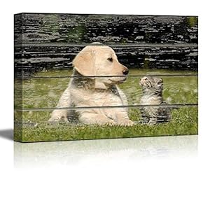Lovely Dog and Cat on Vintage Wood Textured...