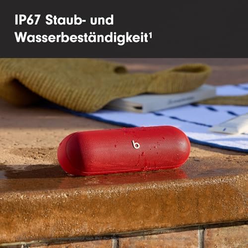 Pill Tragbarer Bluetooth-Lautsprecher, Bis zu 24 Stunden Akkulaufzeit, Wasserabweisend, Kompatibel mit Apple & Android, Kraftvoller Sound für Zuhause, Outdoor - Signalrot