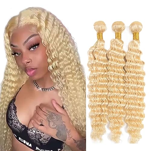 #613 Deep Wave Bundles Human Hair Blonde Bundles 16 18 20 Inch Virgin Double Weft Bleach Blonde Deep Curly Bundle Human Hair Extenisons 50g/Bundle Total 150g at Amazon