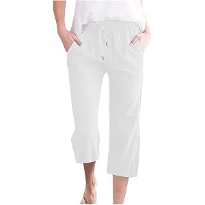 YANEAGOILED Cotton Linen Drawstring Straight Capris | Capris Pants for Women Cotton Linen Casual Summer Straight Leg Loose Fi