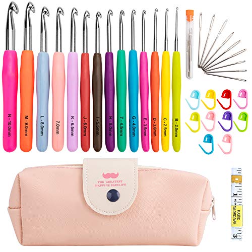 Crochet Hooks Set,14 PCS Ergonomic Soft Grip Handles Knitting Needles Kit with Case for Arthritic Hands,2mm-10mm Extra Long Knit Needles Weave Yarn Set, Best Christmas Gift for Women Kids