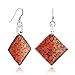 925 Sterling Silver Hand Painted Murano Glass Red Orange Swirls Square Dangle Hook Earrings