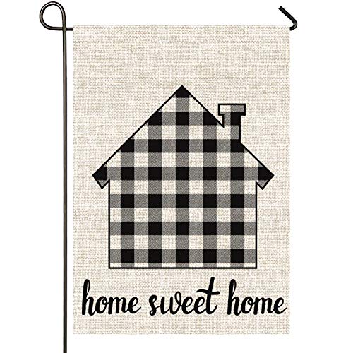 Mogarden Home Sweet Home Garden Flag, Double Sided, 12.5 x 18 Inches, Buffalo Check Plaid Heavy Weatherproof Burlap Yard Flag