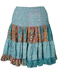 Womens Beach Summer Silk Skirt Full Flare Recycled Sari Tiered Boho Knee Length Skirts