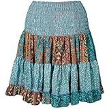 Mogul Interior Womens Beach Summer Silk Skirt Full Flare Recycled Sari Tiered Boho Knee Length Skirts