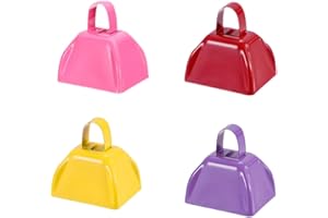 HEYLEAYAR 3Inch Cowbells Set for Sporting Events, 4Pcs Small Cow Bells Loud Noise Makers with Handle for Cheering Football Games Marathon Weddings Party Noisemakers, Yellow & Pink & Red & Light Purple
