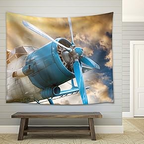 Plane with Propeller on Beautiful Bright Sunset Sky Background - Fabric Wall Tapestry Home Decor - 51x60 inches